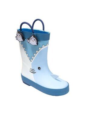 Kids Shark-Themed Rain Boots Handles Size 7/8 Members Mark Blue  White Rubber